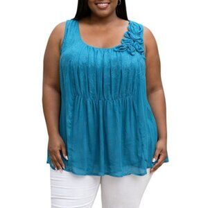 Perseption Plus Size 2X Top Aqua Blue Sleeveless Floral Applique Detail